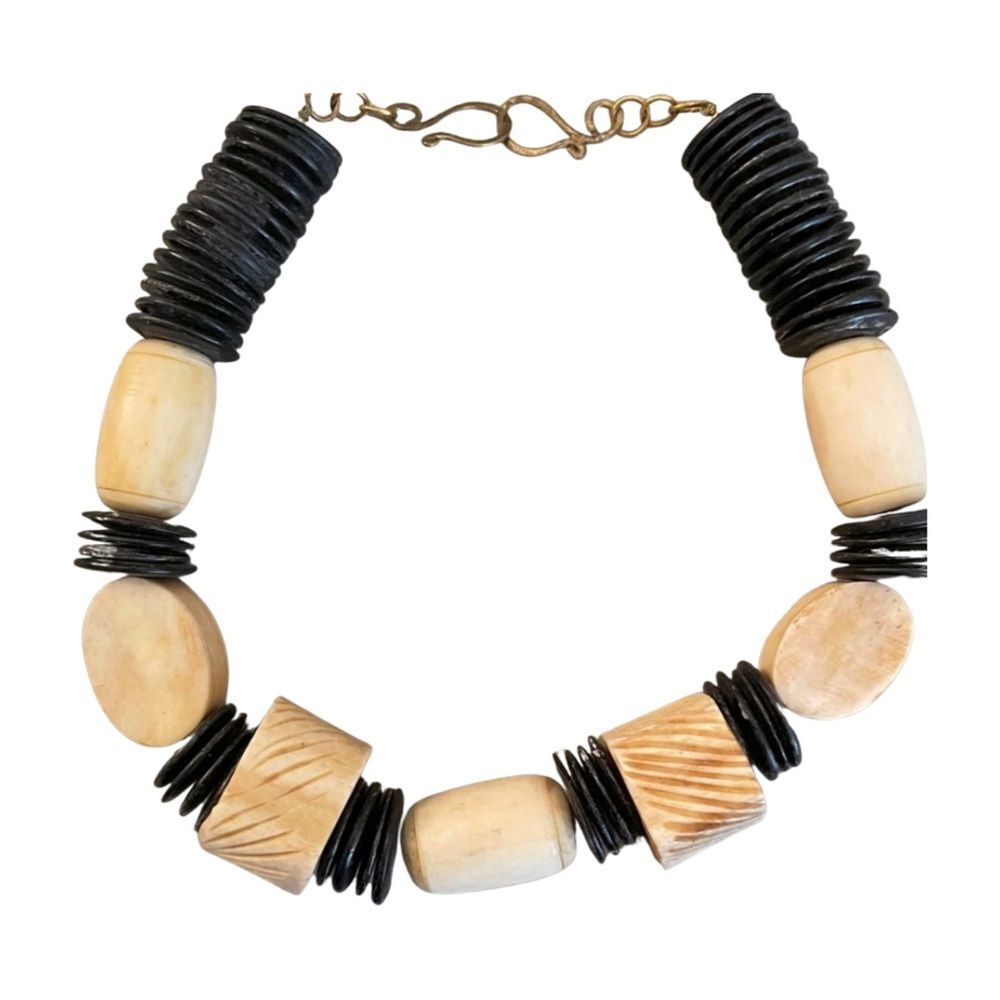 Vintage 1980s Handmade Chunky Bead Statement Necklace - Boho Chic Black Cream